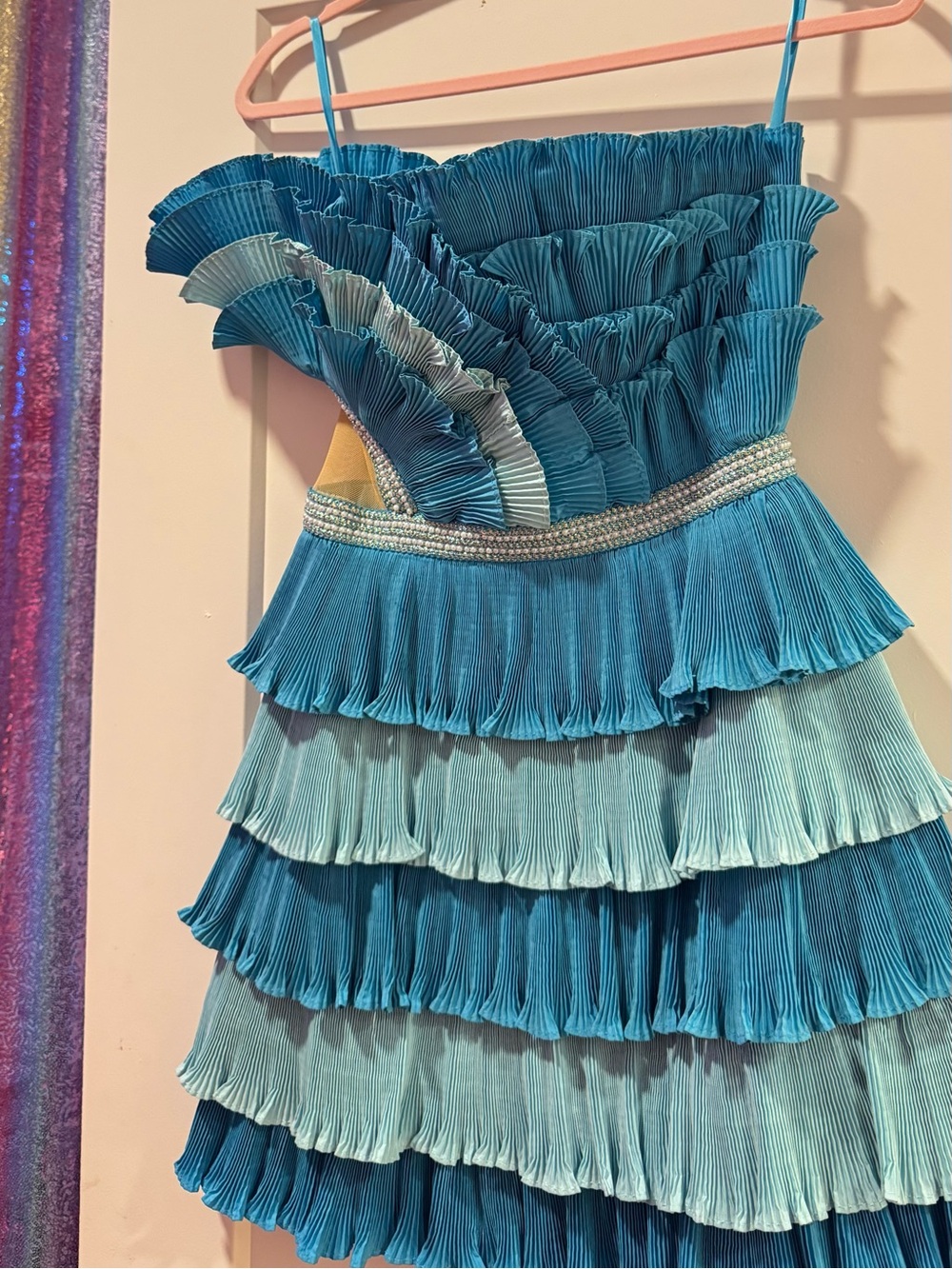 Women's Strapless Tiered Ruffle Dress in Blue